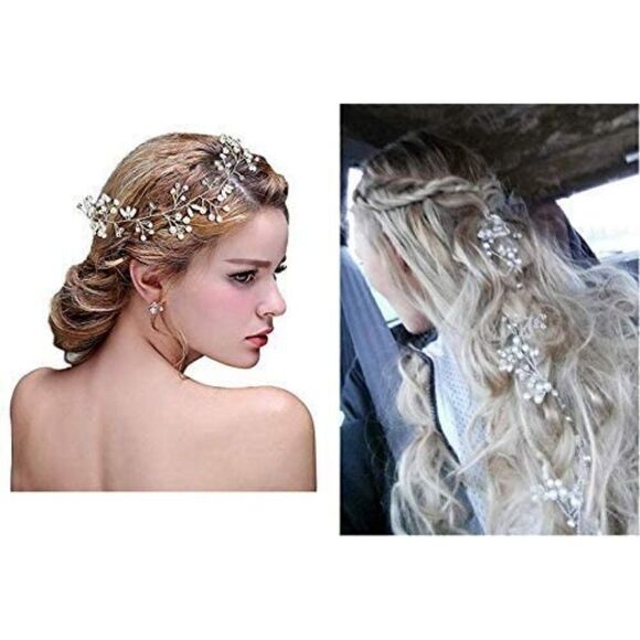 Bridal Hair Bands Crystals Wedding Headpieces, 20 Inches Pearl and Crystal Vine - Picture 5 of 9